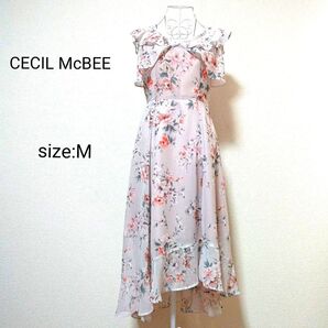 セシルマクビー フラワーシフォンワンピース アシメントリー シフォン 花柄 フリル袖 ロングワンピース ピンク M 可愛い 上品