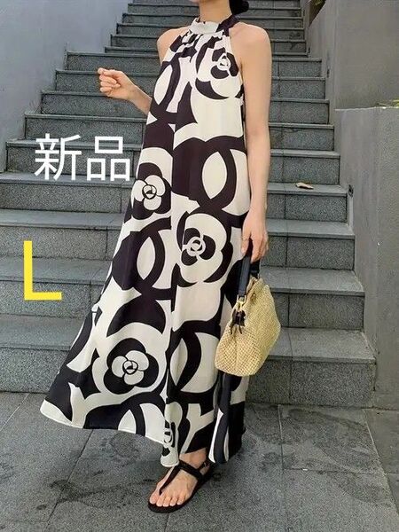 新品 白黒 カラーワンピース ロングマキシ丈 Aライン ノースリーブワンピース L (JP-XL)