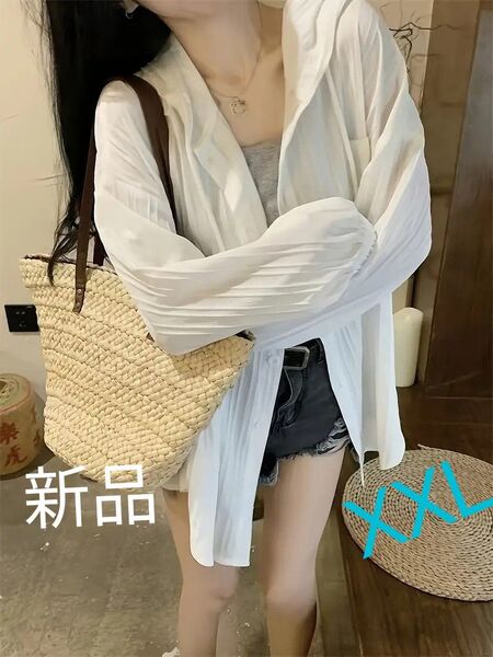 新品 真夏の羽織 フード長袖 薄手 韓国 白 XXL 軽量カーディガン 長袖