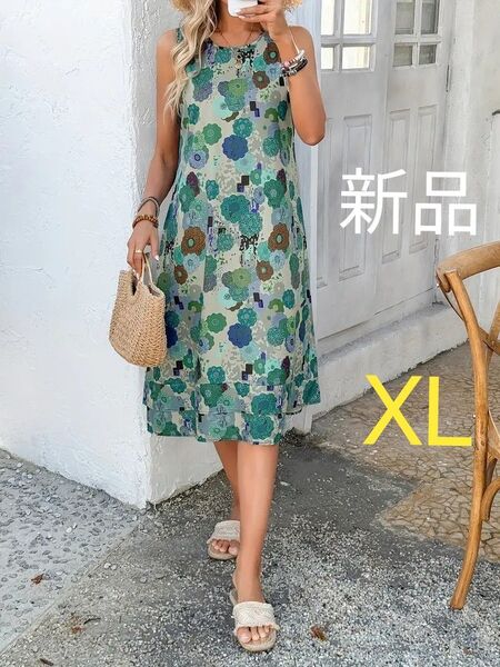 新品 ノースリーブワンピース 花柄 マルチカラー ブルー系 XL