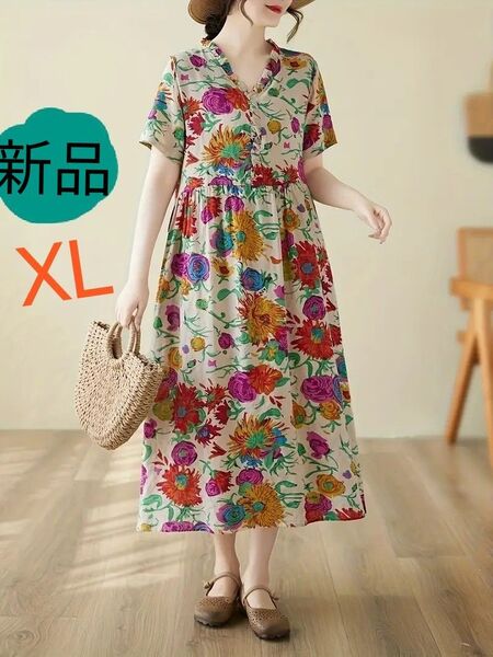 新品 半袖 お花可愛い ワンピースXL