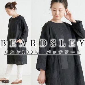 9 BEARDSLEY ビアズリー パッチワーク チュニック ワンピース リネン 麻 100% 黒 花柄刺繍 ss 体型カバー