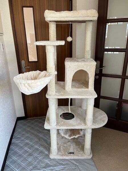 Mwpo キャットタワー据え置き ミニハンモック付 猫多頭飼い 麻紐 子猫 シニア 省スペース 158cm ベージュ B808A