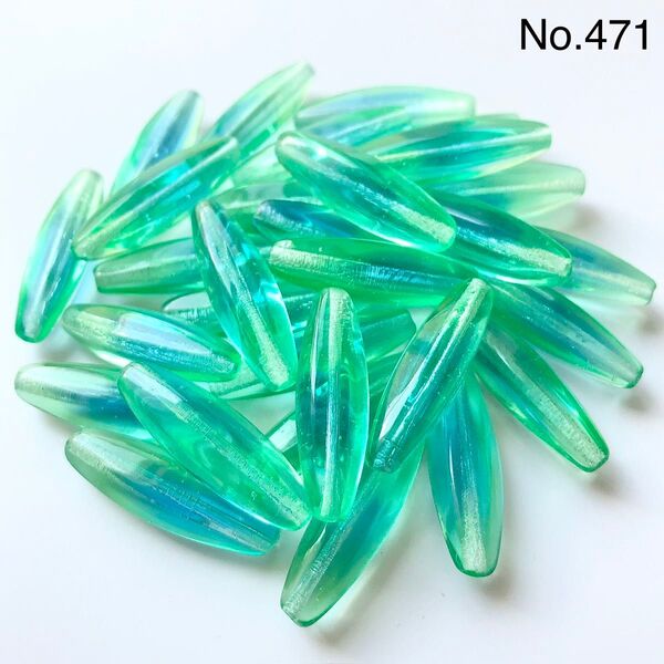 No.471 チェコビーズ ウランガラス ロングナツメ 26×8mm 30個 ライムグリーン×ティール