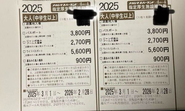 ナガシマスパーランド 割引券 2枚(大人)1枚(小学生)