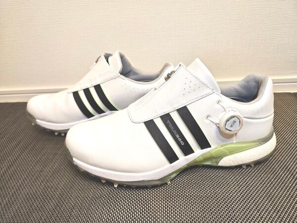 美品 adidas ゴルフシューズ TOUR360 BOA 27.5cm ホワイト×グリーン スパイク付き 打ちっぱなし2回使用