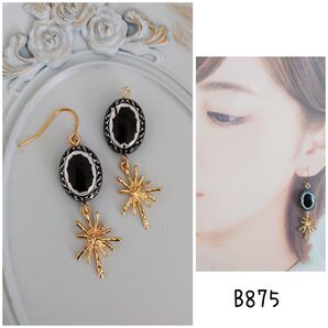 b875 ゴールド チャーム アンティーク調 ブラック ハンドメイド ピアス
