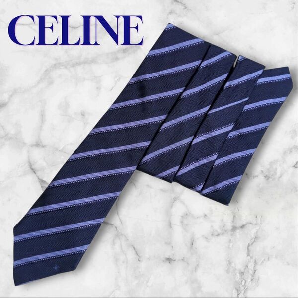 CELINE セリーヌ ネクタイ ストライプ レジメンタル マカダム トリオンフ ワンポイント ネイビー 紳士服 シルク100