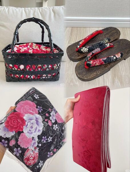 【百貨店購入・一度着用】浴衣フルセット(帯・下駄・新品バッグ付)夏祭り・花火大会