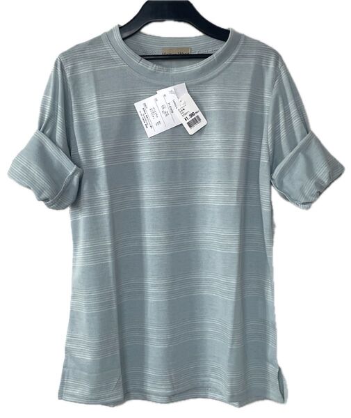 ストライプデザイン ライトブルー Tシャツ七分袖 新品タグ付き
