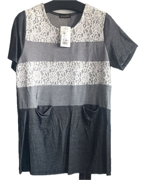 レースデザインのグレー半袖ロングTシャツ 新品タグ付き