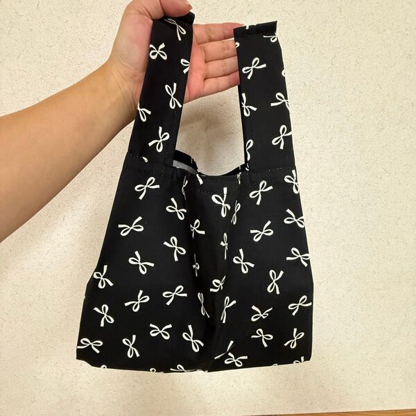 ハンドメイドエコバッグ コンビニサイズ リボン ブラック