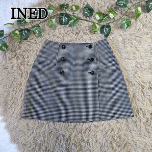 極美品 INED イネド ウール 巻きスカート ギンガムチェック 日本製 ミニスカート 台形スカート ミニ丈 モノトーン