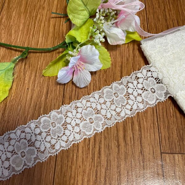 安心の日本製】ラッセルストレッチレース オフホワイト 幅4cm両山美しい花柄 4.5m下着作りに!
