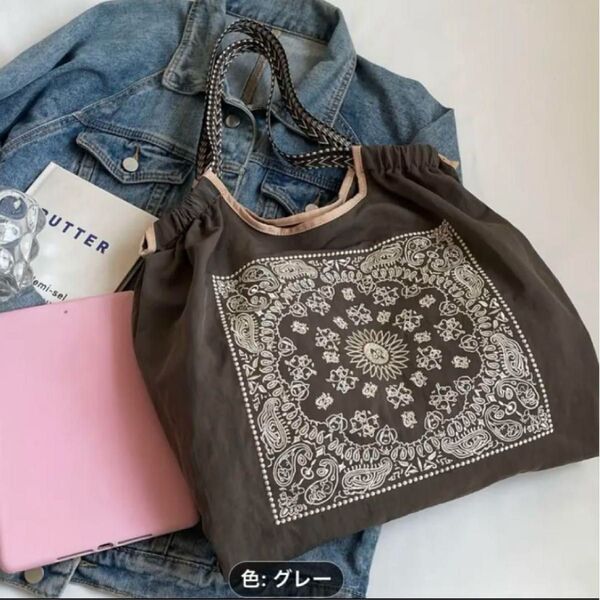 新品!柄刺繍 トート エコバッグ トートバッグ グレー ショルダーバッグ