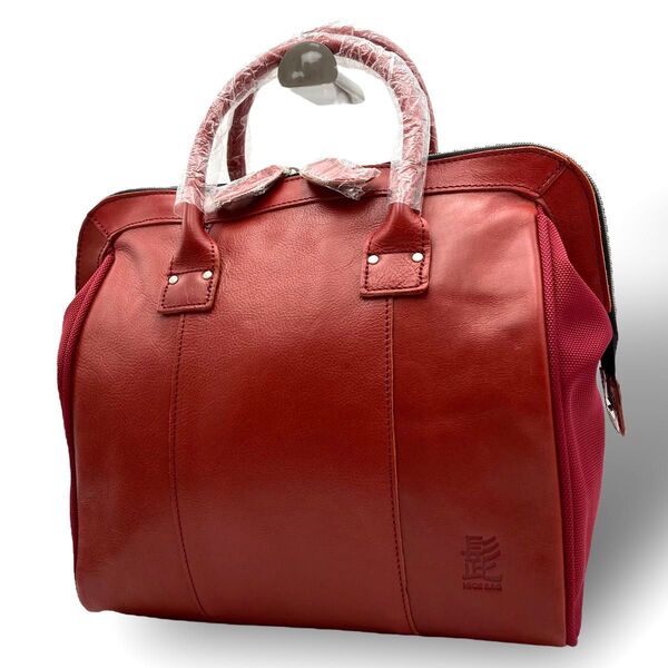 【未使用保管品】 HIGE BAG 髭 ハンドバッグ ボストンバッグ レザー ナイロン レッド 赤 ハーベストレーベル