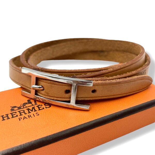 HERMES エルメス アピ3 レザー ブレスレット チョーカー ロング シルバー金具 ブラウン 茶色 4連 3連 男女兼用