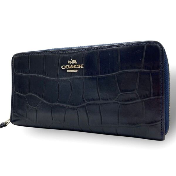 【美品】 COACH コーチ 長財布 ラウンドファスナー ラウンドジップ レザー クロコ型押し ネイビー 紺色 ロゴ金具