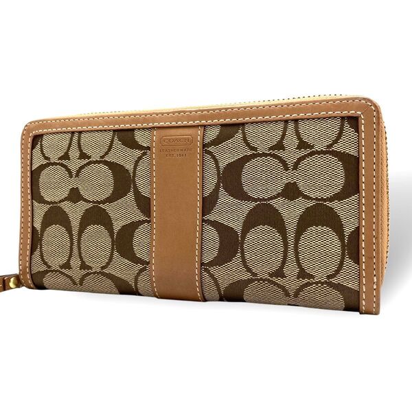 【美品】 COACH コーチ 長財布 ラウンドファスナー ラウンドジップ シグネチャー キャンバス レザー ベージュ