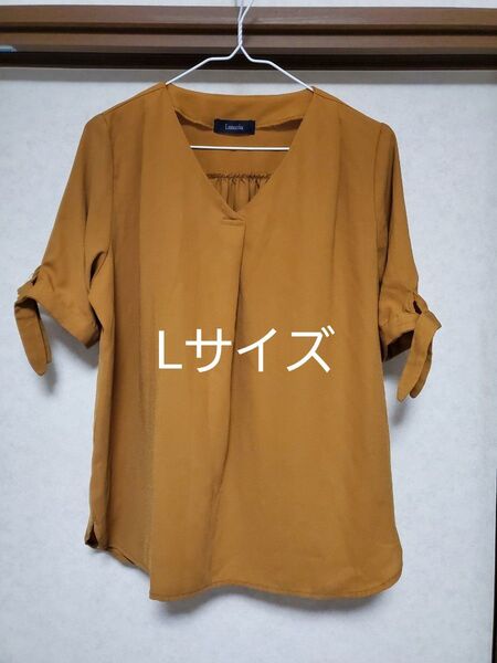 ジョーゼット素材 袖リボンブラウス L ベルーナ 半袖 マスタード カラシ