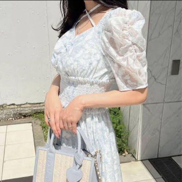 アンミール フラワークロスフレアワンピース An MILLE ブルー 夏 ロングワンピース evelyn エブリン 1度着用のみ