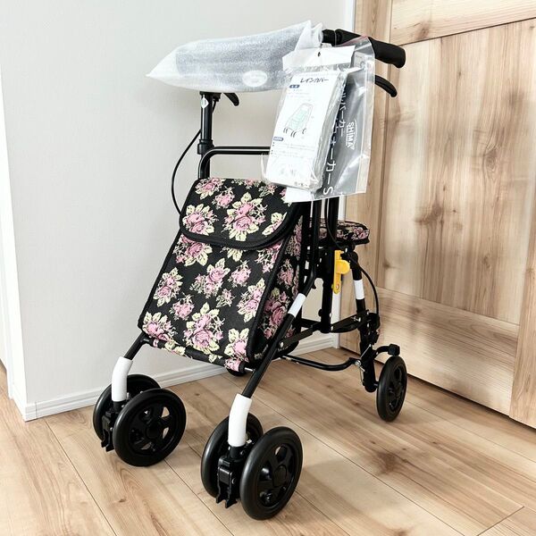 新品未使用 島製作所 スカイウォーカーS シルバーカー 花柄 押し車 送料無料 取扱説明書 レインカバー付き