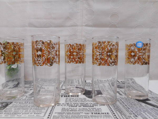 ササキガラス　昭和レトロ　ゴールド色のアラベスク模様　グラス　5客　ガラスコップ　中古品