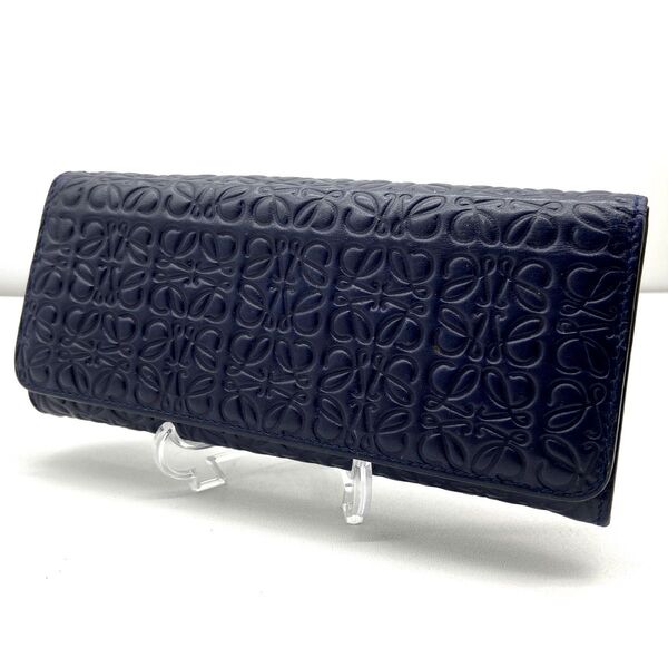 【極美品】LOEWE ロエベ 長財布 ロングウォレット リピート アナグラム 型押し 総柄 レザー フラップ ネイビー