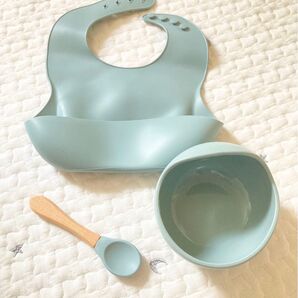 ベビー シリコン食器 くすみブルー シリコンヒブ シリコンスタイ ボウル スプーン3点セット