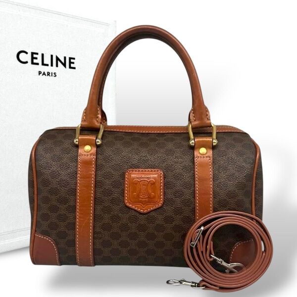 お買い得 セリーヌ マカダム ハンドバッグ ブラウン 2way PVC CELINE ミニボストン ショルダーバッグ 2way