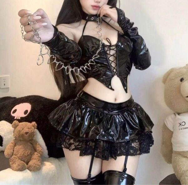【新品】セクシーコスプレ サキュバス風 小悪魔 衣装 女王様 ビスチェ ミニスカ ニーハイ風ガーター付き 黒 猫耳付き