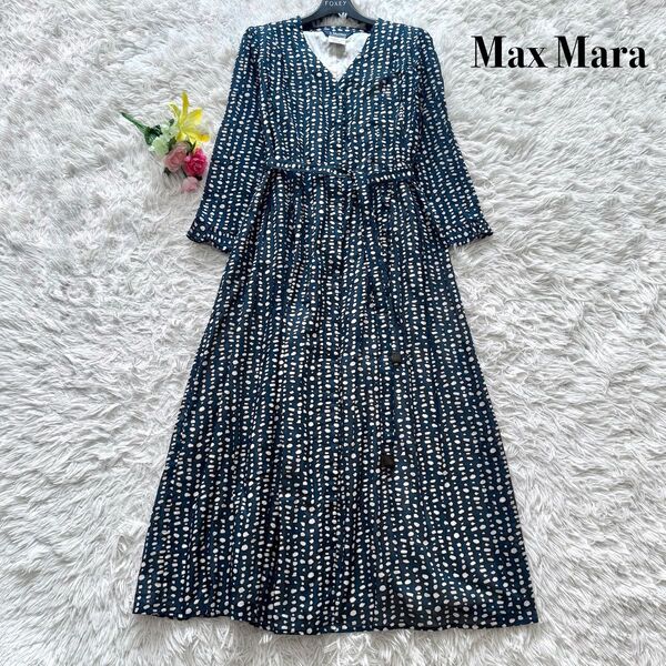 【美品】Max Mara マックスマーラ ロング丈 ワンピース 総柄 シアー袖 ブルー S相当