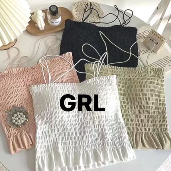 トップス 白 シャーリング フリル パット付き 曲線美 グレイル GRL レディース トップス キャミソール ストレッチ素材 夏用