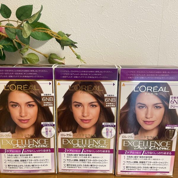 ロレアルパリ エクセランス 白髪染め LOREAL クリームタイプ 6NB×3個 やや明るい自然な栗色