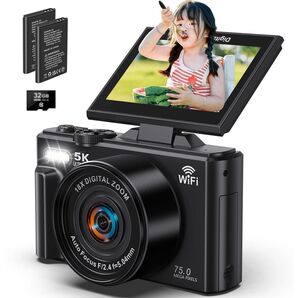 デジタルカメラ 5K録画 デジカメ 7500万画素 Wi-Fi機能 180度回転可能ディスプレイ オート18倍デジタルズーム