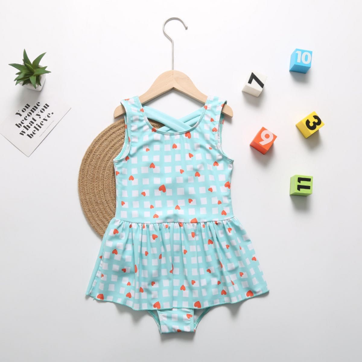 ハートのチェック柄(90cm)ベビー水着　ワンピースタイプロンパース水着プール 女の子 女児水着