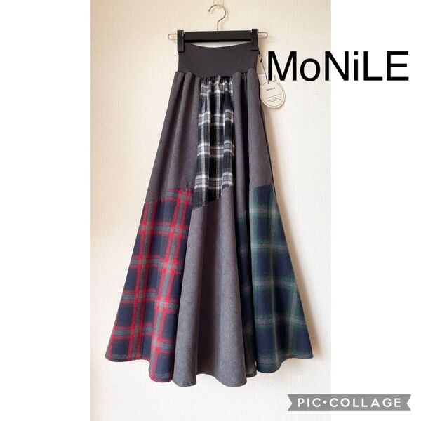 【新品】MoNiLE モニーレ ネル チェック柄 コーデュロイ フレアスカート グレー レッド グリーン ブラック ウエストリブ
