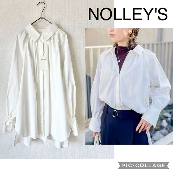 【新品】NOLLEY'S ノーリーズ オーバー ギャザー マルチウェイ ブラウス 白シャツ オフホワイト バンドカラー