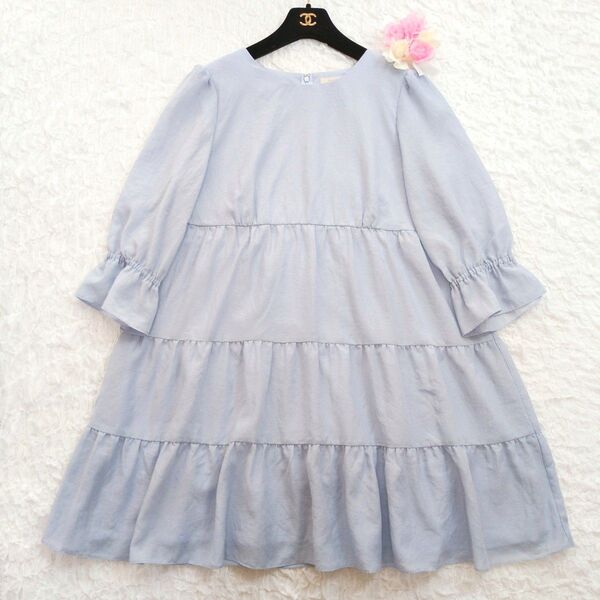 Rose Tiara ティアード切替ショート丈ワンピース 42 XL 大きいサイズ ブルーグレー 長袖 ローズティアラ