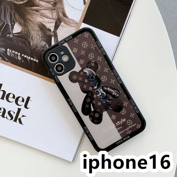 iphone16ケース 可愛い 熊 ガラス ブラウン1