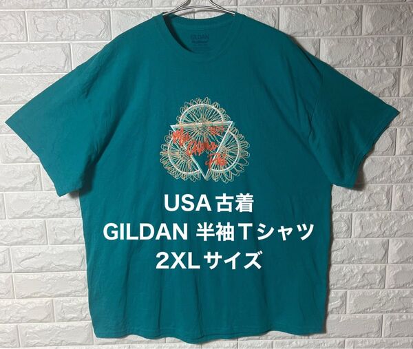 USA古着 アメリカ古着 GILDAN メンズ 半袖Tシャツ 2XLサイズ イエローグリーン 両面文字プリント ひまわり 向日葵