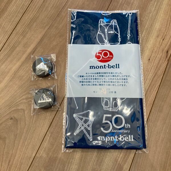 【新品】モンベル 50周年 手ぬぐい&ピンズ2個セット♪ネイビー♪ピンバッジ♪バンダナ♪mont-bell♪アウトドア♪登山♪