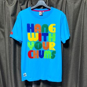 美品 チャムス フェルトワッペンTシャツ 水色×カラフルワッペン Mサイズ 綿×竹 混紡 速乾