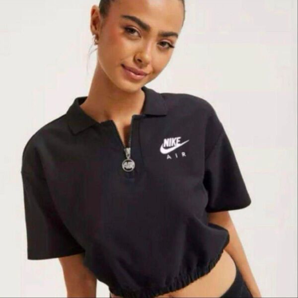 Nike ブラック 半袖 ポロシャツ Tシャツ クロップド ショート丈 M ナイキ 黒 ハーフジップ