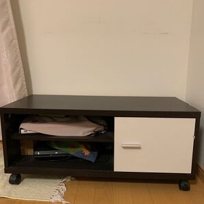 キャスター付きローボード ホワイト×ダークブラウン 収納