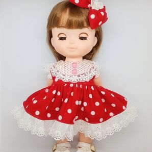 メルちゃん ソランちゃんサイズ ハンドメイド 赤ドットのフリルワンピース&髪飾り S5-127