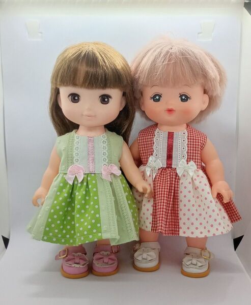 メルちゃん ソランちゃんサイズ ハンドメイド レッドとグリーンのワンピース2着セット S5-136