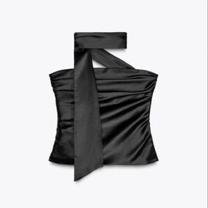 ほぼ新品 ZARA サテントップス ベアトップ スカーフ ブラック