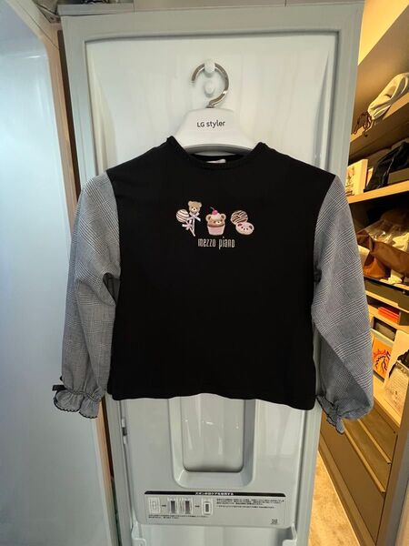 ブラック メゾピアノ mezzo piano キッズ 女の子 くま 黒 ロンT チェック 人気 即完 未使用に近い 美品 130