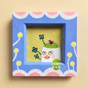 絵画 原画『てんとう虫とまった』ミニ額 一点物 鳥 てんとう虫 可愛い 幸せ